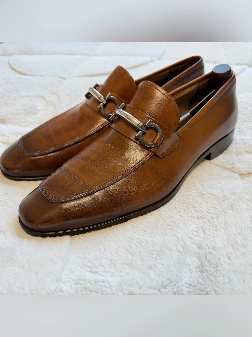 $1,090 Salvatore Ferragamo Brown Leather Gancini Buckle Horse-bit Loafers 10.5 D